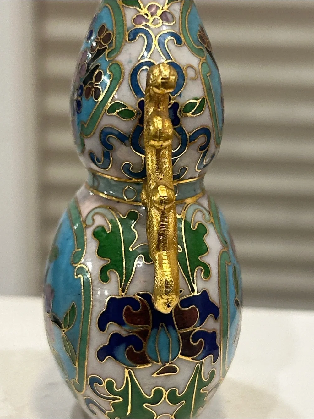 Decorative Turquoise Cloisonné Gourd Vase with Gold Accents